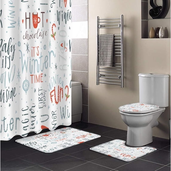 FMSHPON Christmas 4 Piece Bathroom Set Shower Curtain Bath Rug Contour Mat and Toilet Lid Cover
