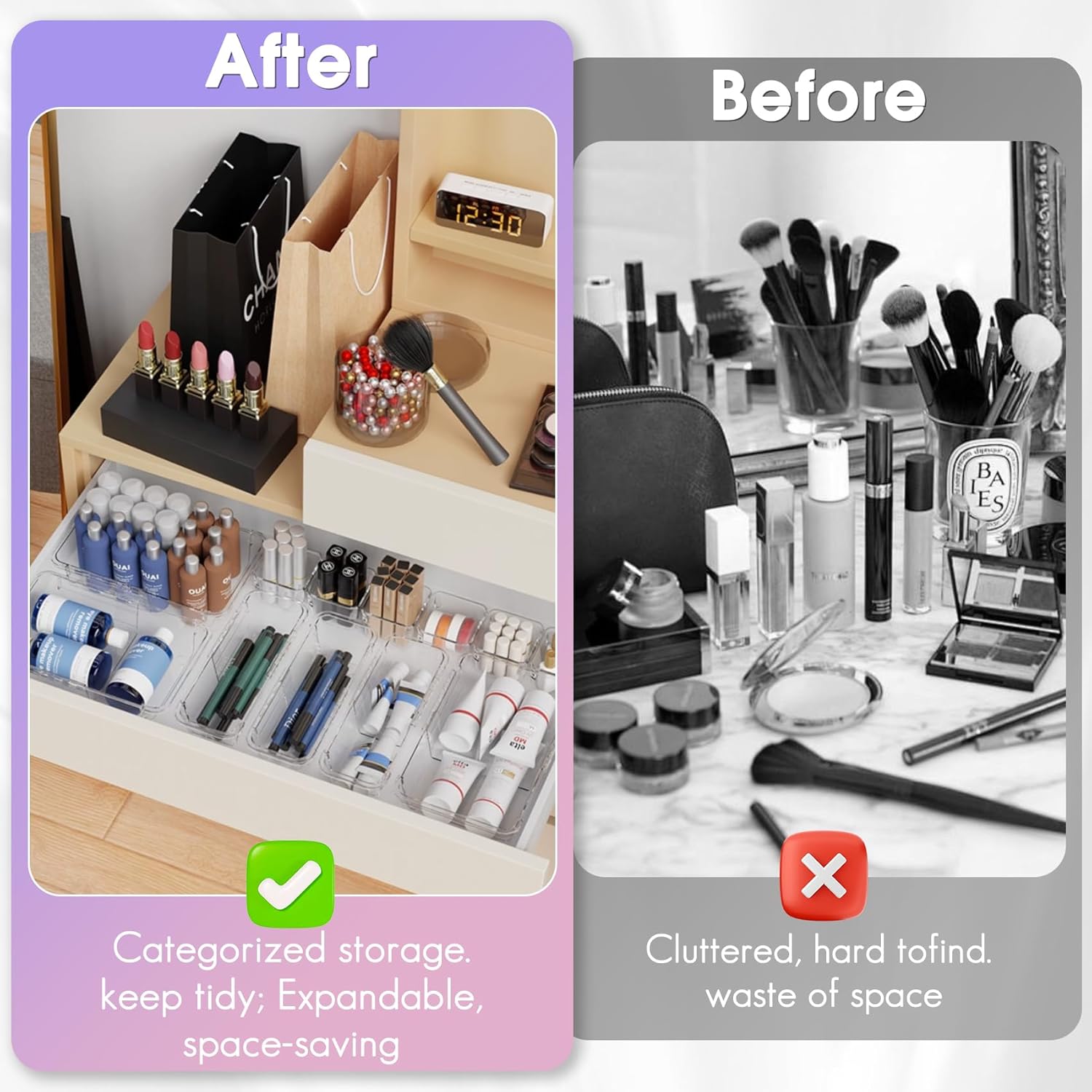 SSAWcasa 25 Pcs Extendable Clear Drawer Organizer, Adjustable Vanity Storage Box, 3-Size Desk Drawer Organizer, Non-Slip Storage Bins for Cosmetics, Jewelries, Stationeries, Tools, Cutleries