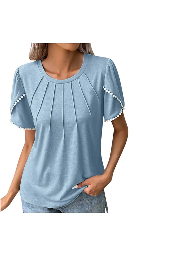 Plus Size Tunic Tops for Women Casual Round Neck Pleated Petal Sleeve T-Shirts S-5X