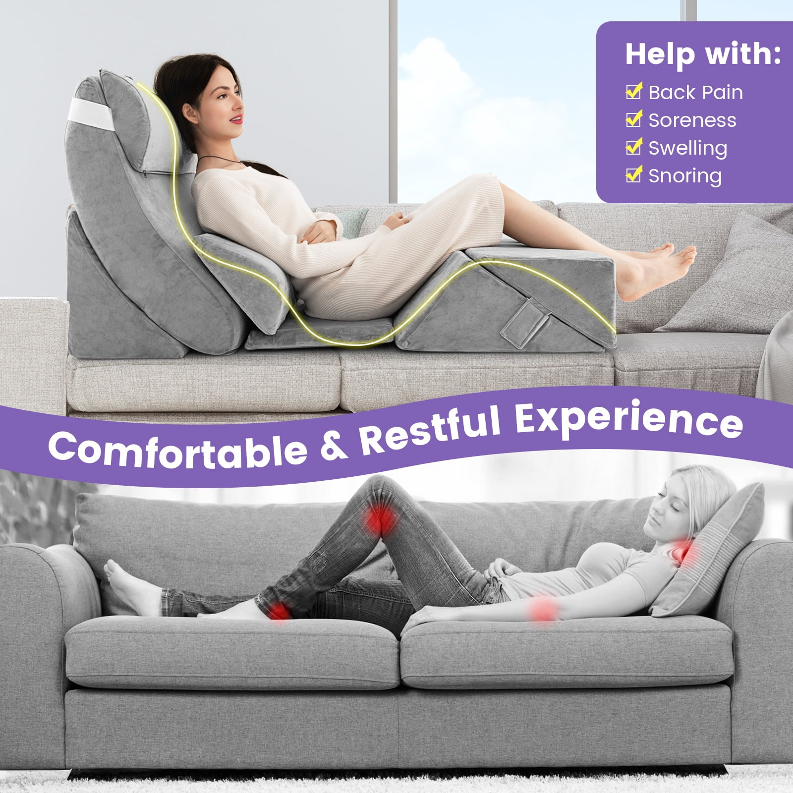 Infans 7PCS Bed Wedge Pillow Set Adjustable Back Neck Leg Support Memory Foam Grey