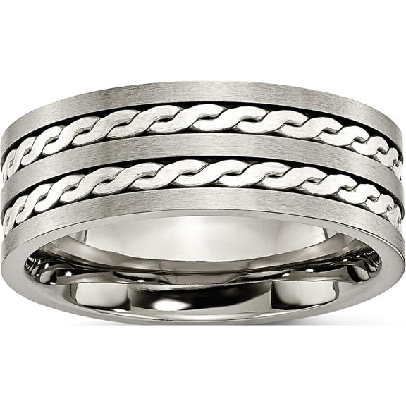 Titanium/Silver Two-Tone Titanium Antiqued & Brushed With Sterling Silver Braided Inlay 8mm Band (Size 6) Made In China tb216-6