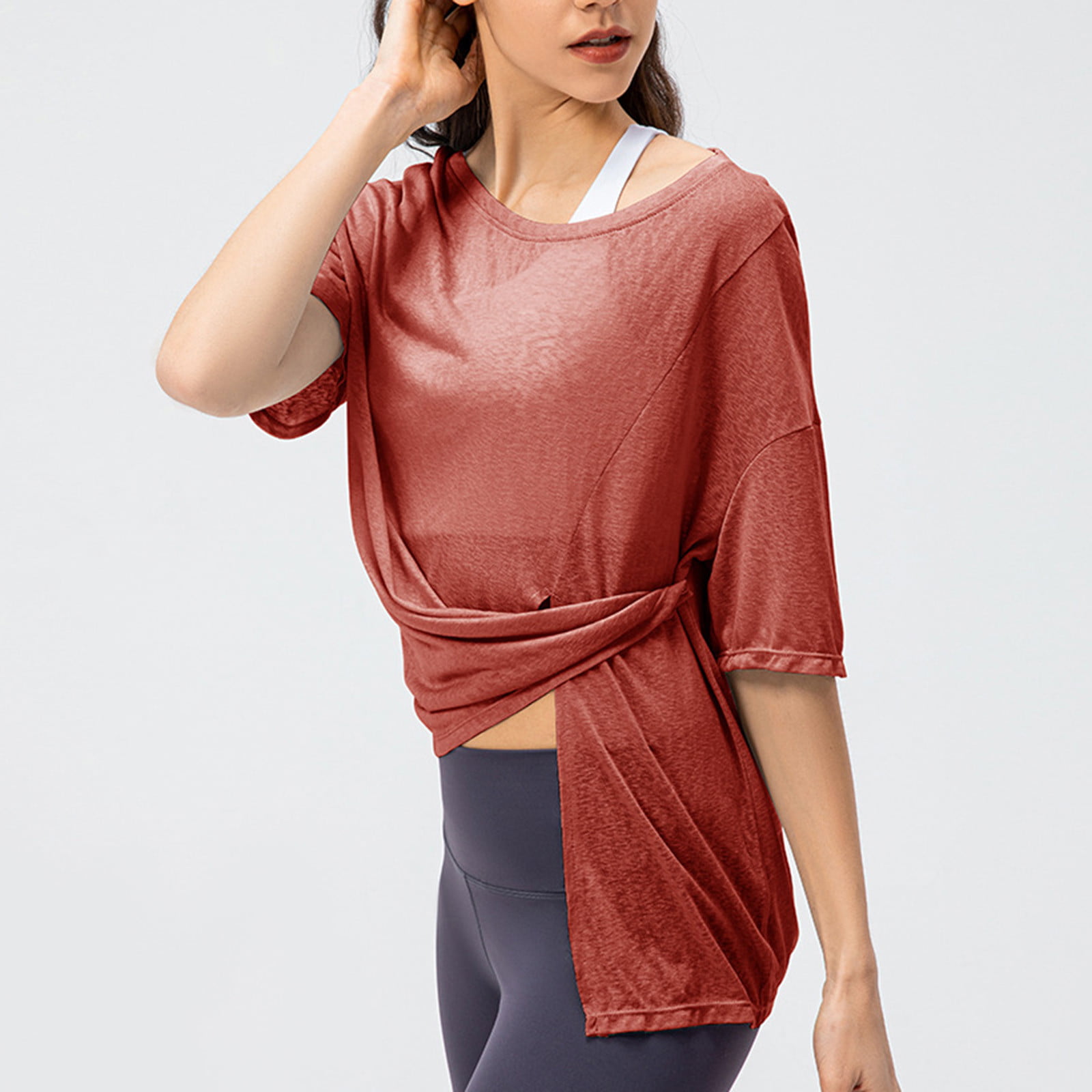 Womens Sports Yoga Shirts Casual Loose Quick Dry Short Sleeves Crewneck  Tops Side Split Breathable Workout Running Tees 