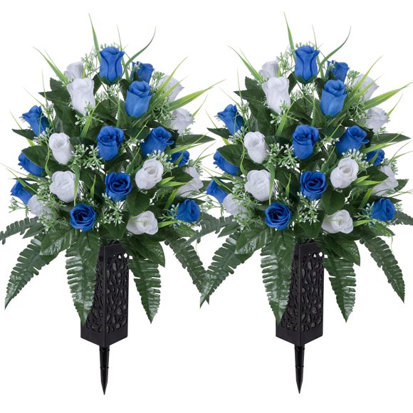 2 juegos de flores artificiales de cementerio LVXINLI con jarrón de 47 cm, blanco+azul oscuro