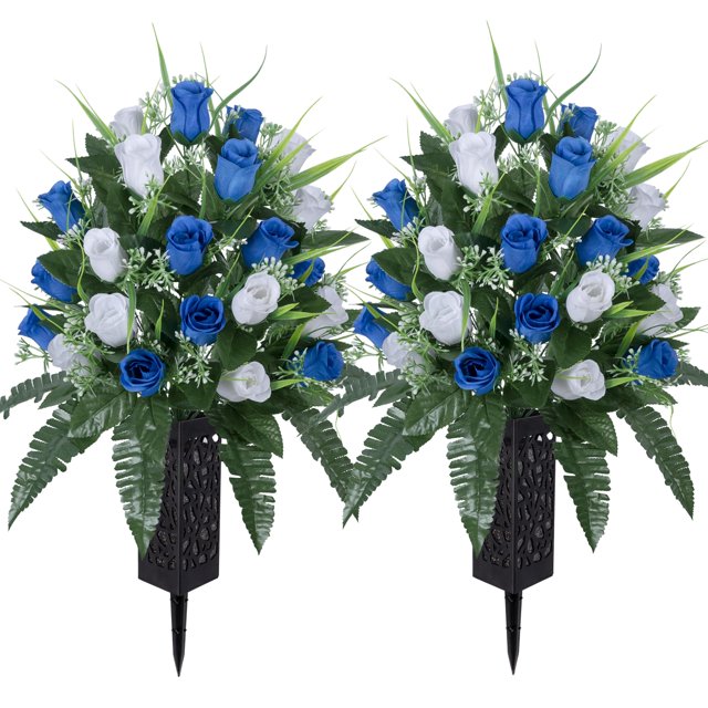 2 juegos de flores artificiales de cementerio LVXINLI con jarrón de 47 cm, blanco+azul oscuro