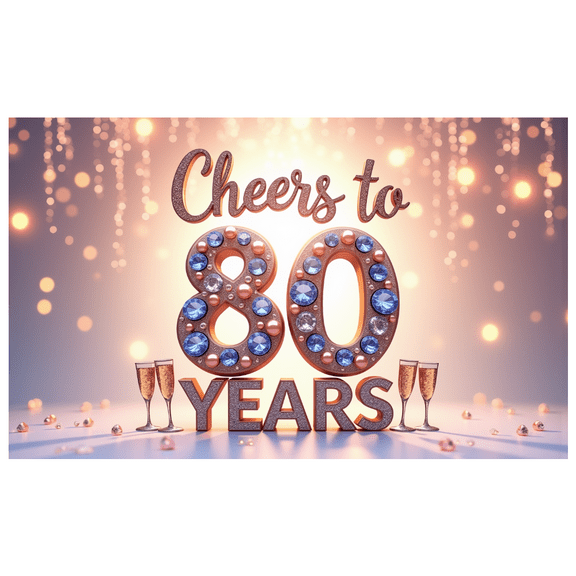 Glittery Design Cheers to 80 Years Milestone Celebration Banner Elegant Gemstone for Senior Party Anniversary Adult Celebration