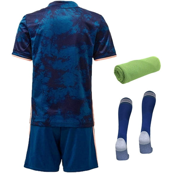 20/21 Kids Youth Soccer Football Third Kit,Short Sleeve Soccer Jersey, Shorts,Socks,Towel,4in1 Gift Set Training Suit,Navy & Pink