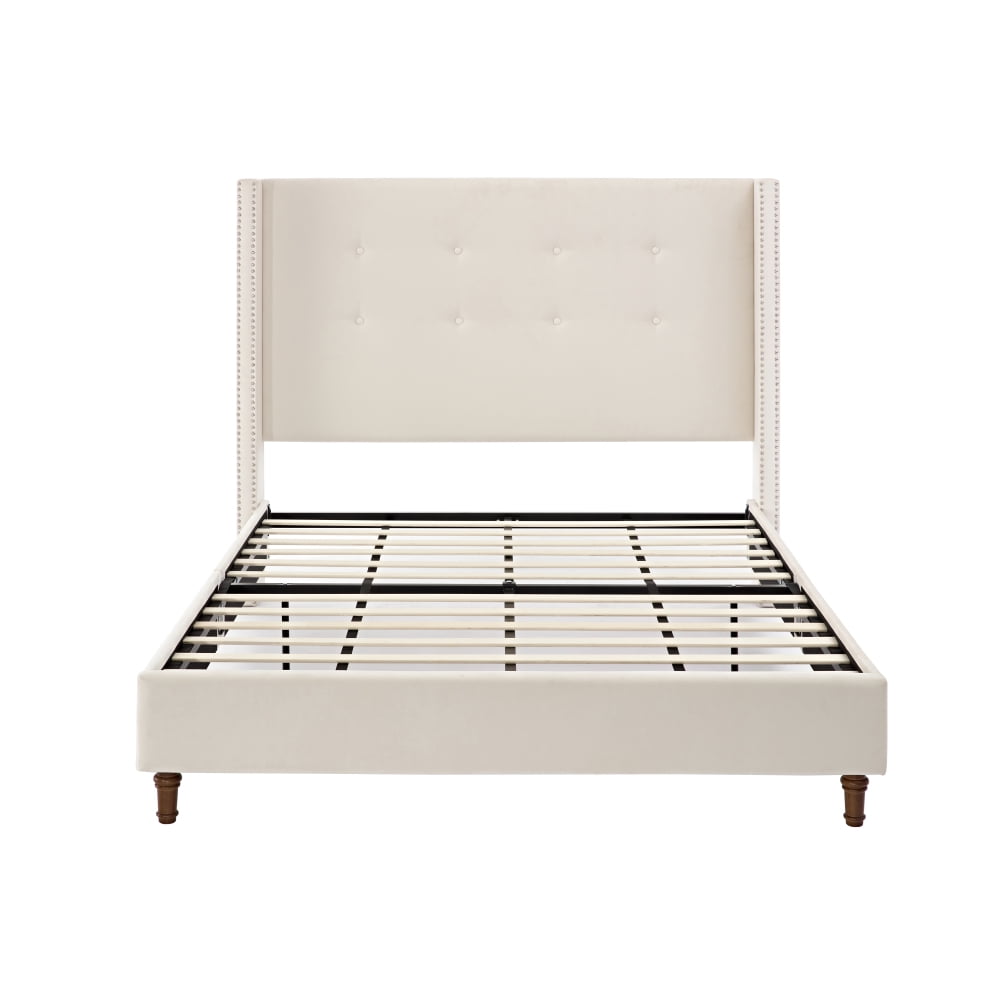 Tcbosik Queen Size Bed Frame, Upholstered Velvet Platform Bed with Button Tufted Headboard, No Box Spring Needed, Ivory