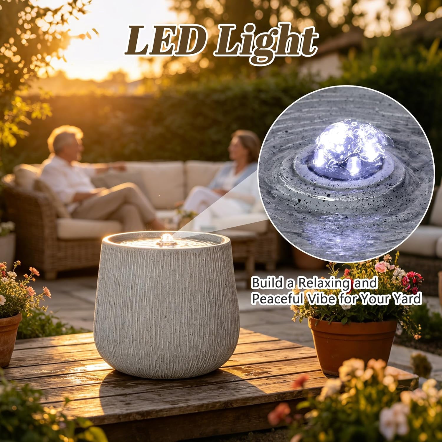 12.99" H Water Fountain Outdoor with LED Light, Bowl-Shaped Garden Fountain Indoor/Outdoor Water Feature for Garden Patio Yard Decor