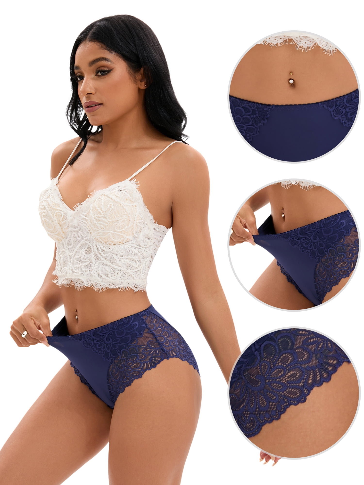 DARING DIVA Women's Lace Underwear Mid Rise Panties Full Coverage Briefs L Blue