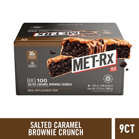 MET-Rx Big 100 Salted Caramel Brownie Crunch Bar, 30 G Protein, 3.52 oz, 9 Ct