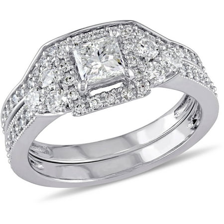 Miabella 1-1/4 Carat T.W. Princess and Round-Cut White Diamond 14kt White Gold Halo Bridal Set