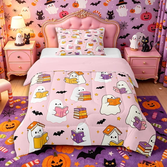 Manfei Cute Reading Ghost Twin Comforter Sets 2pcs, Halloween Spooky Flying Bat Bedding Set, Hot Pink White,Pink Reversible,1 Comforter and 1 Pillowcase
