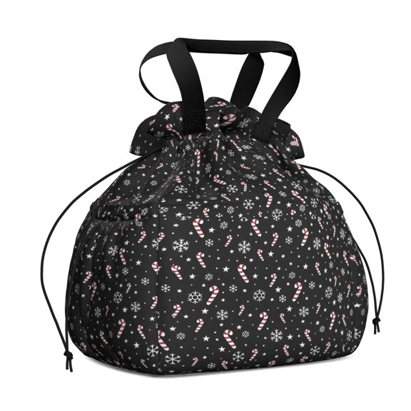 Black Christmas Candy Cane and Snowflake Pattern Drawstring Lunch Bag Women - Drawstring Lunch Bag Insulated for Work Office - Stain-Resistant Large Lunchbags for Women with Multi-Pockets