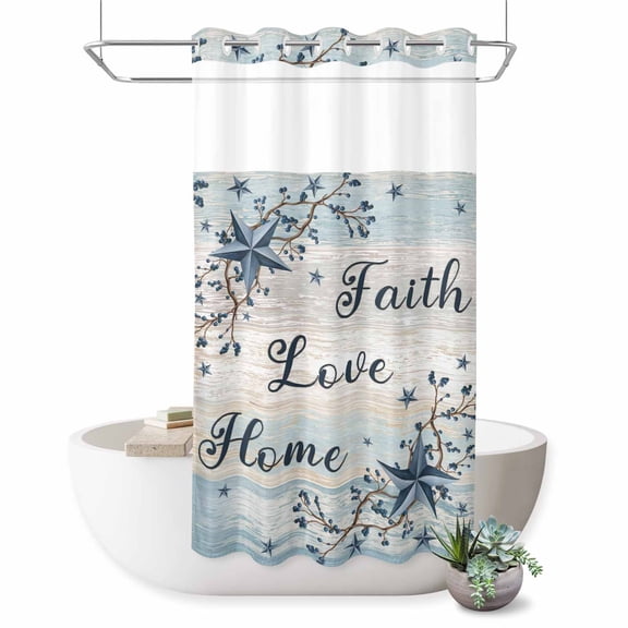 No Hook Shower Curtain, Vintage Farmhouse Shower Curtains for Bathroom with See Through Top Window, Blue Country Texas Star Vines Wooden Waterproof & Washable Bath Curtain Stand Up Stall 36"x72"