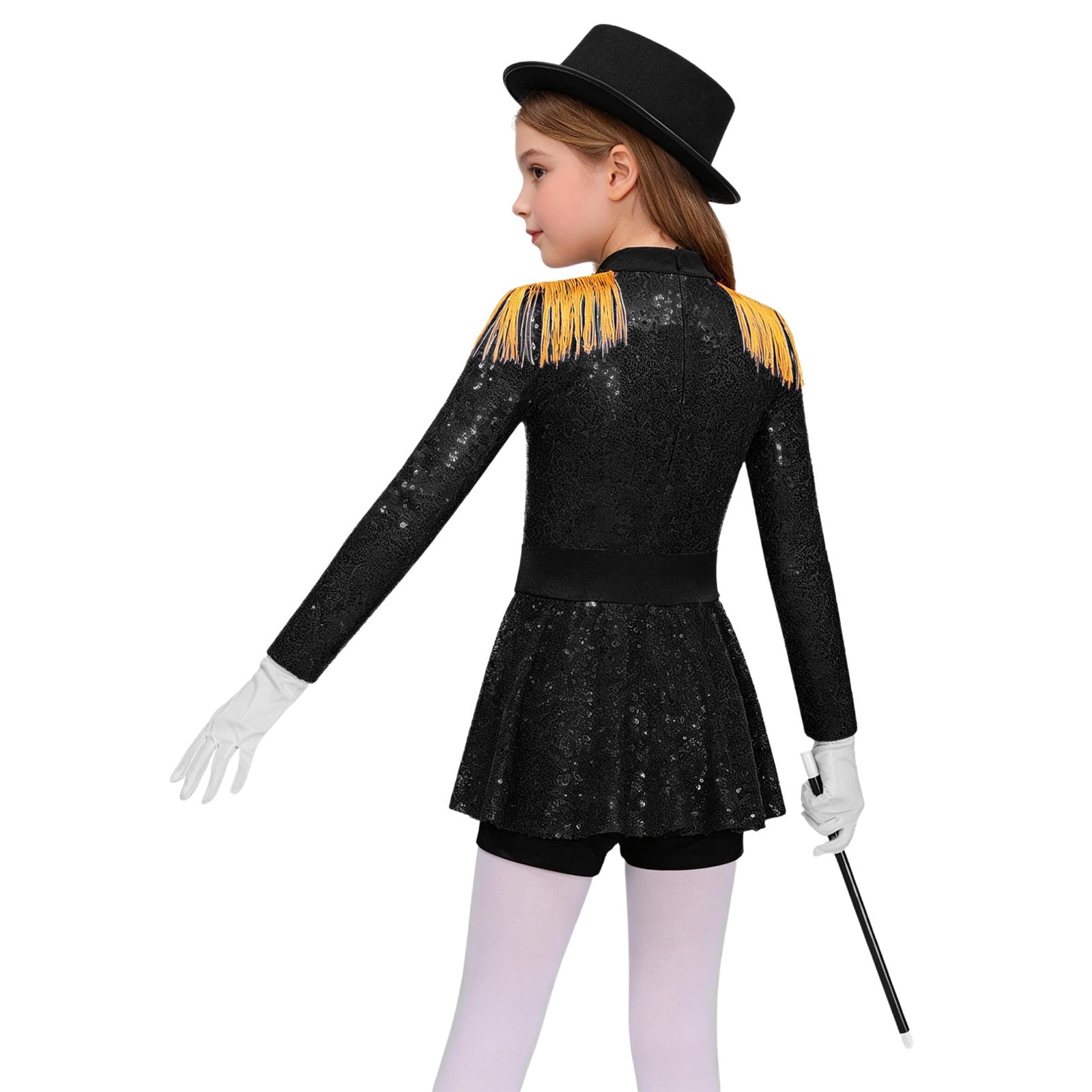 iiniim Girls Circus Ringmaster Jumpsuit Shiny Sequins Performance Leotard Dress Magician Outfits Black 10
