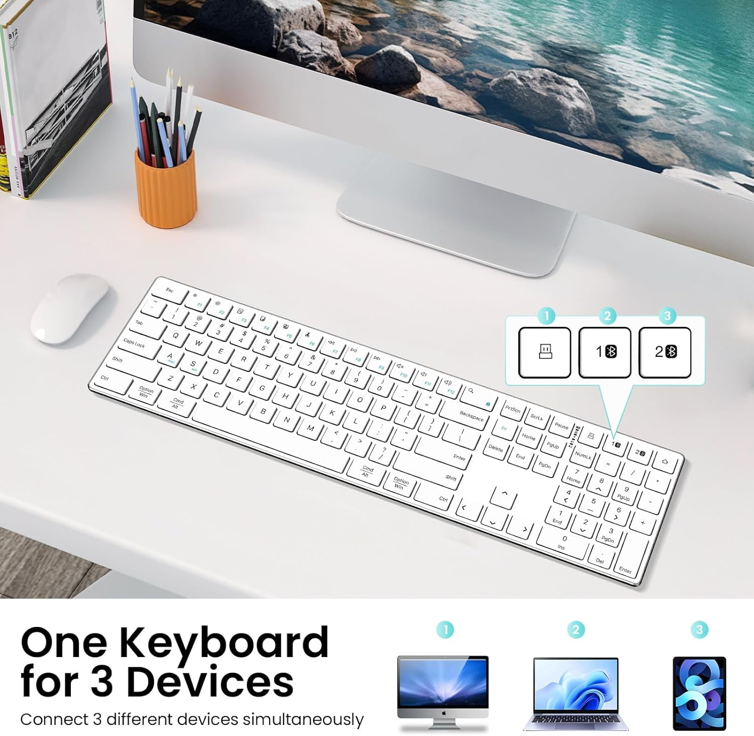 2.4G Wireless Bluetooth Keyboard Rechargeable, Stainless Steel Ultra Slim Full Size Keyboard with Numeric Keypad Low Profile Silent Cordless Keyboards for Computer/Mac/Windows