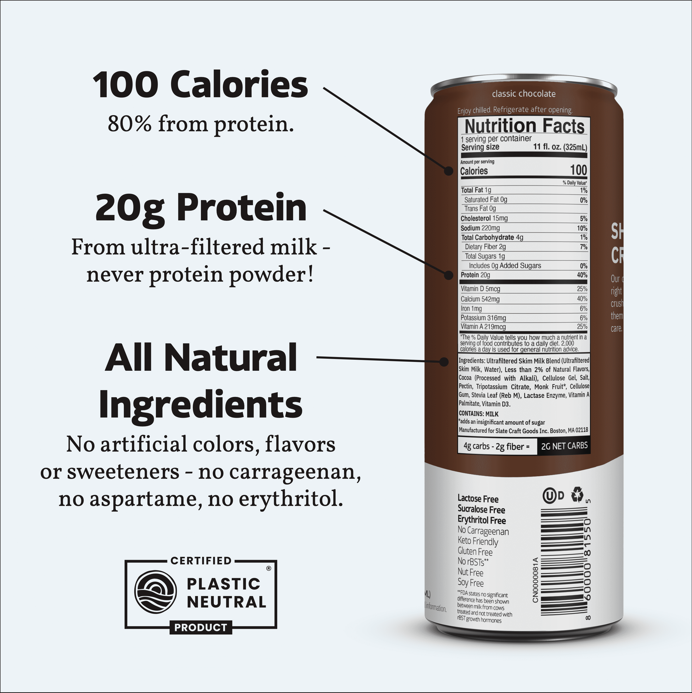 Slate Milk Classic Chocolate, High Protein Milk Shake, 20g Protein, 1g Sugar, 100 Calories, 11 fl oz, 12 Cans