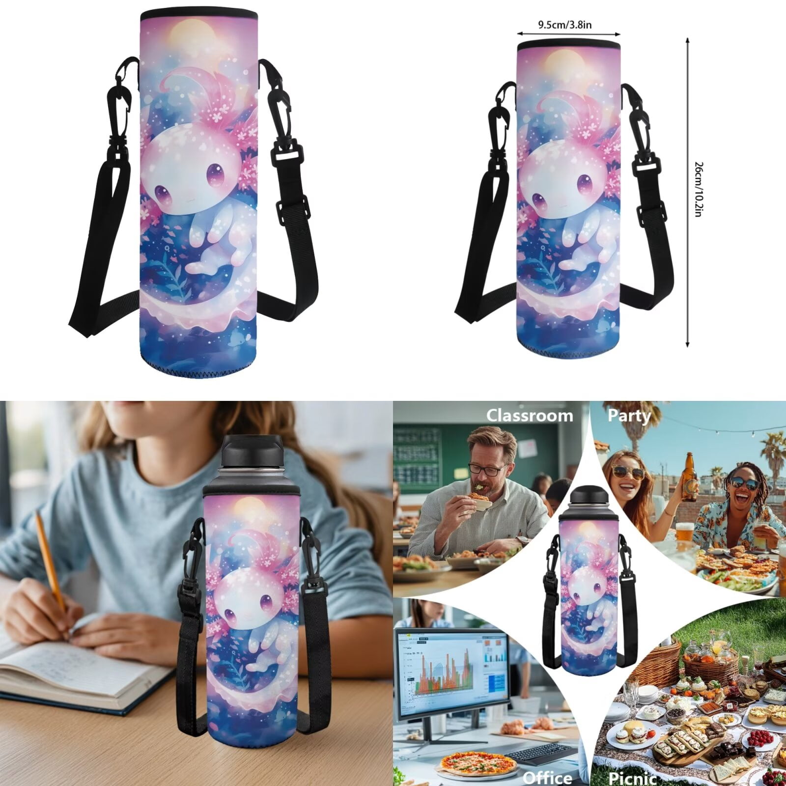 XYZCANDO Axolotl 4 Piece School Backpack Set with Lunch Bag Pen Bag Water Bottle Carrier with Compartments Cute Florals Bookbags Gift for Girls Boys