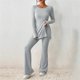 thumbnail image 2 of Chándal de punto de dos piezas para mujer: camiseta de cuello redondo y pantalones anchos, poliéster y spandex, bajo con abertura, conjunto informal a juego, 2 of 5