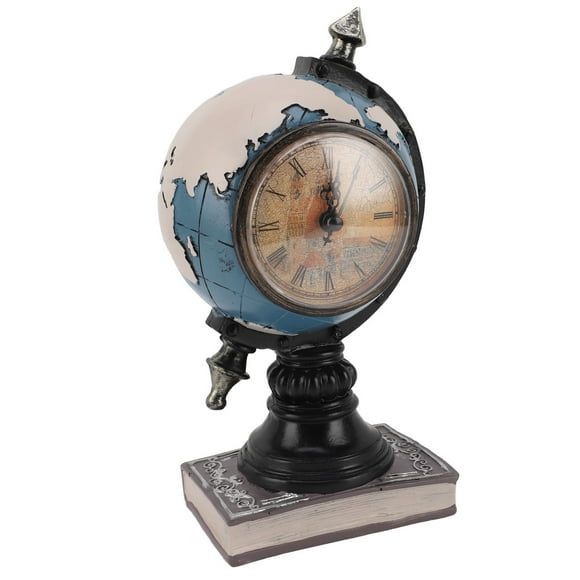 Desk Clock Vintage World Map Retro Antique Tabletop Clock with Piggy Bank for Home Office Desk Decoration
