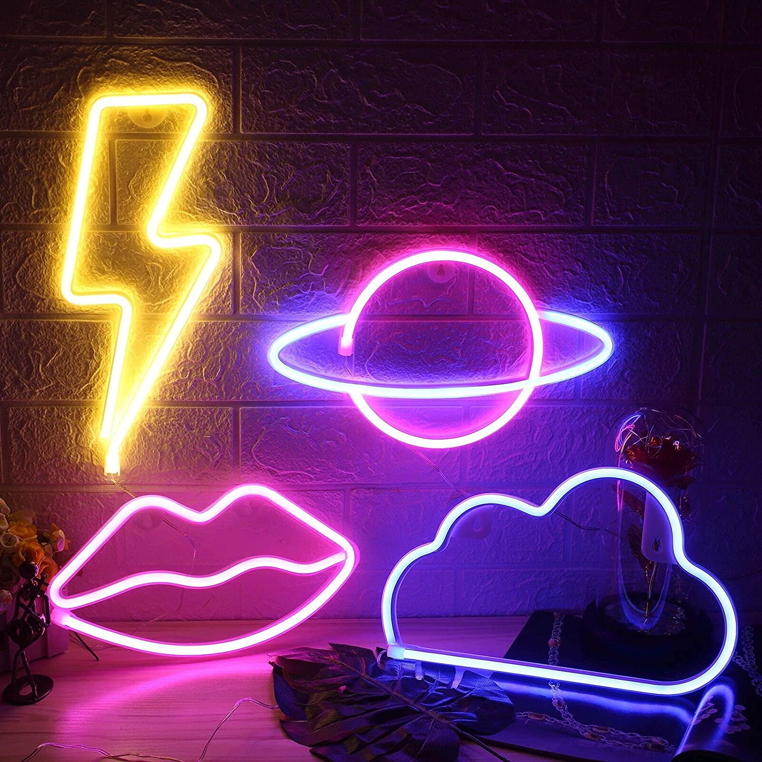 VIOPVERY 3 Pcs Neon Signs for Wall Decor, LED Neon Lights Signs for Bedroom Wall, LED Cloud Lightning Planet Neon Lights for Kids Room,Gift,Party