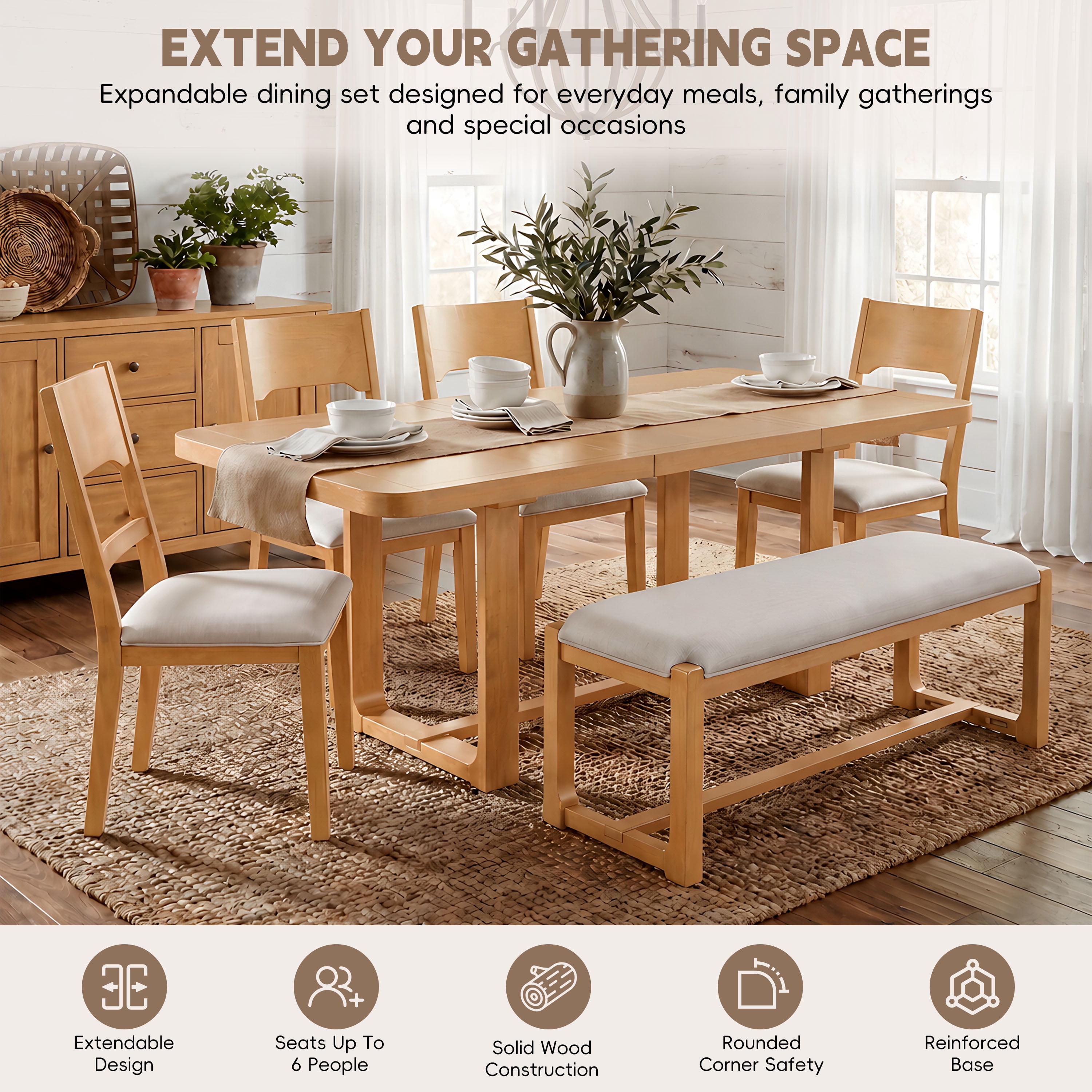 6-Piece Dining Table Set for 6, 60"–84" Extendable Dining Table with 4 Padded Chairs & Bench