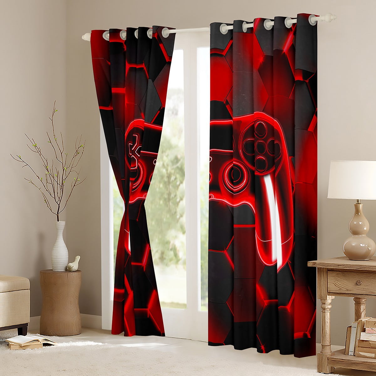 Erosebridal Gaming Gamepad Curtains and Drapes (42x63), Neon Red 30%-50% Blackout Curtains for Bedroom, Modern Video Game Curtains for Living Room, Window Curtains Room Decoration