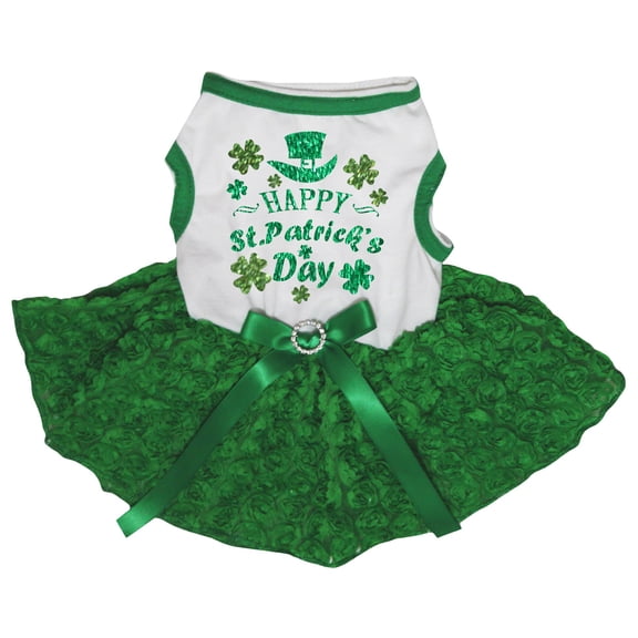 Petitebelle Clover Hat Happy St. Patrick's Day Puppy Dog Dress (White/Green Floral, XX-Large)
