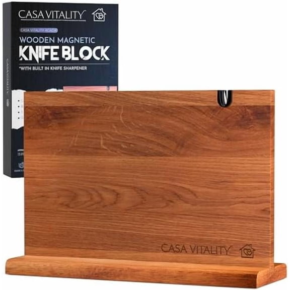 Acacia Wood Magnetic Knife Holder 14x10" – Double-Sided Knife Holder with Strong Magnet & Built-In Sharpener – Space-Saving Magnetic Knife Block Gift for Home Kitchens & Cooking Lovers