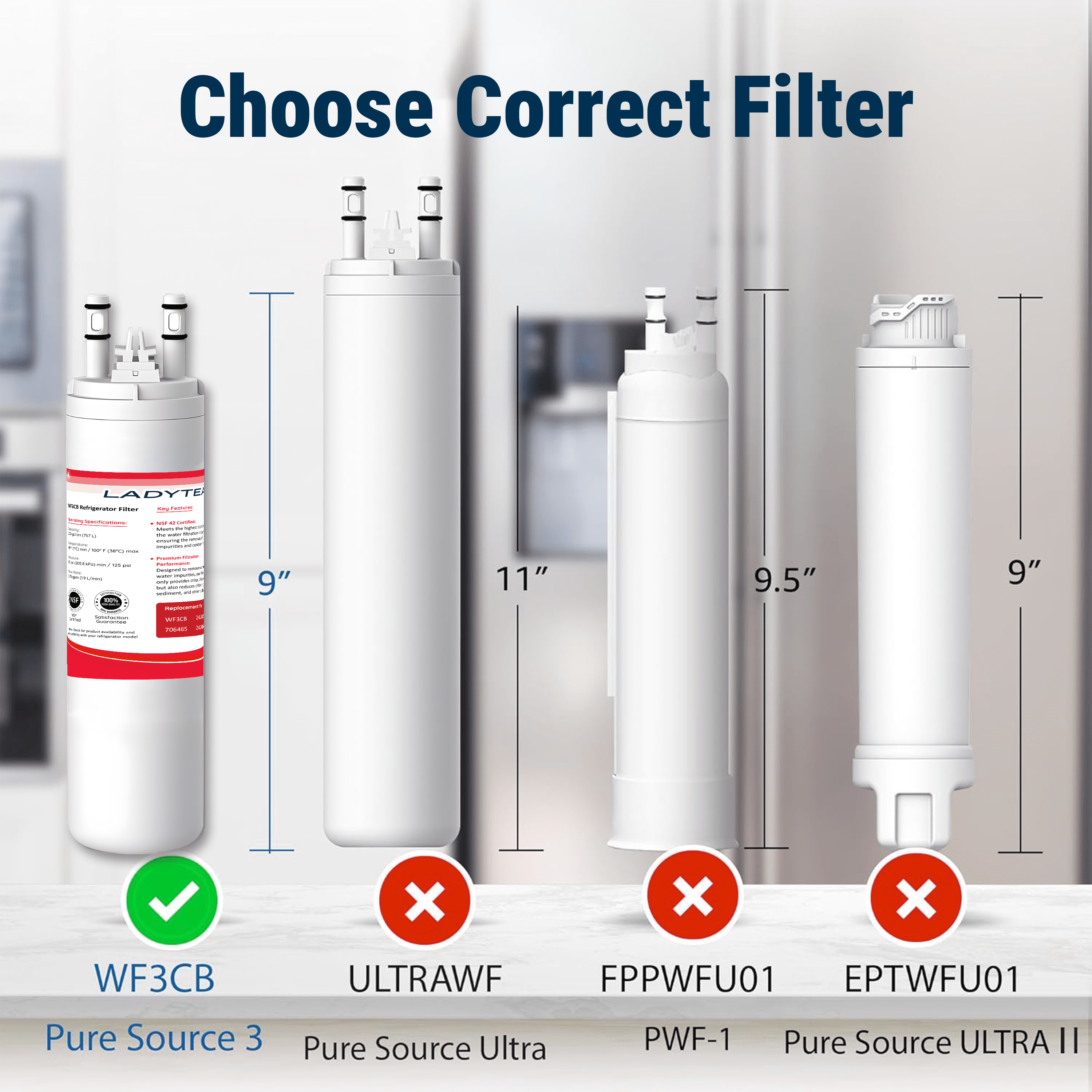Filter Relacement Compatible With Frigidaire WF3CB, Pure Source 3, WF425, 706465, 242069601, 242086201, 242017800, Height 9 inches (3 Pack)