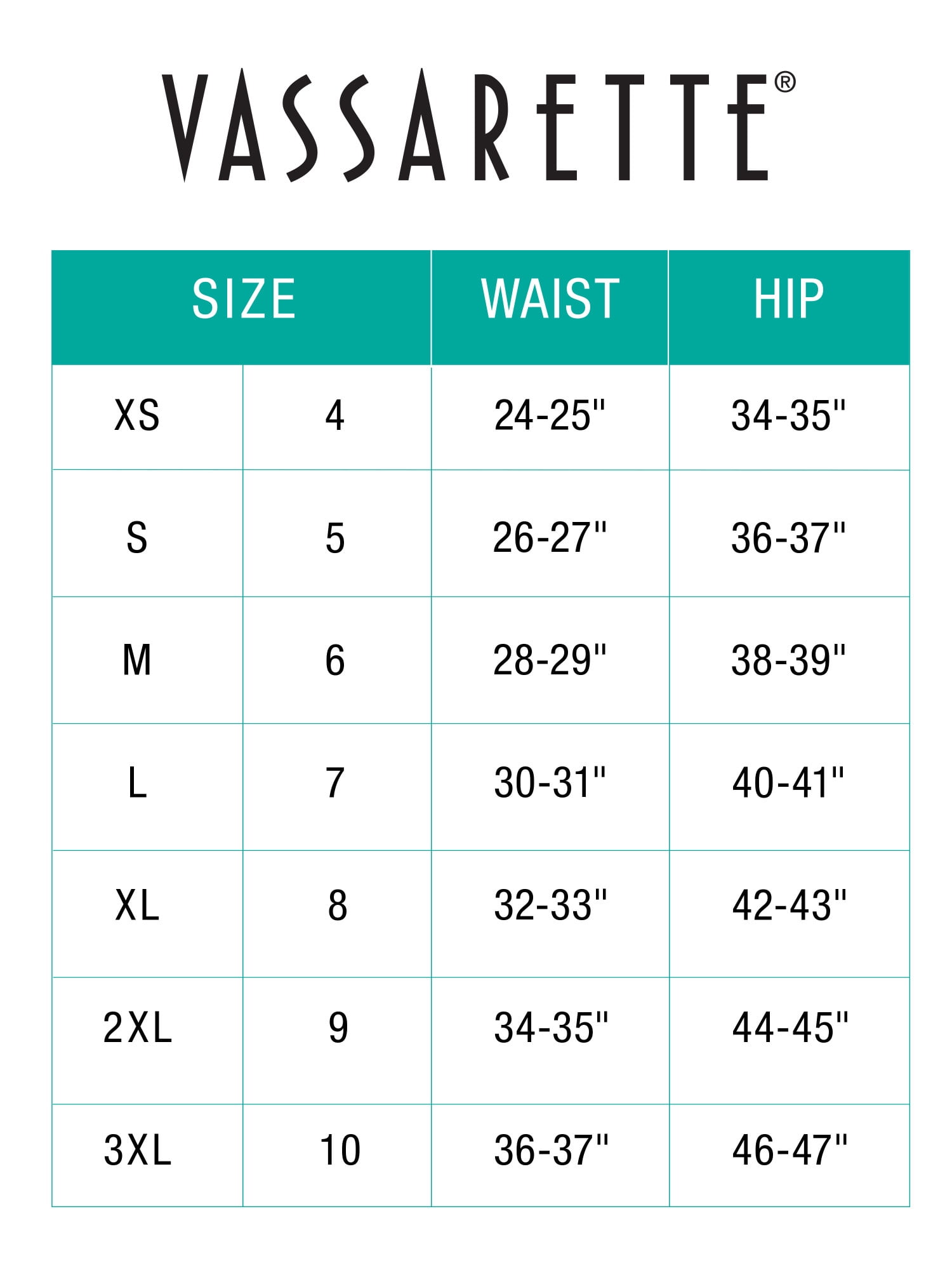Vassarette Slip Size Chart