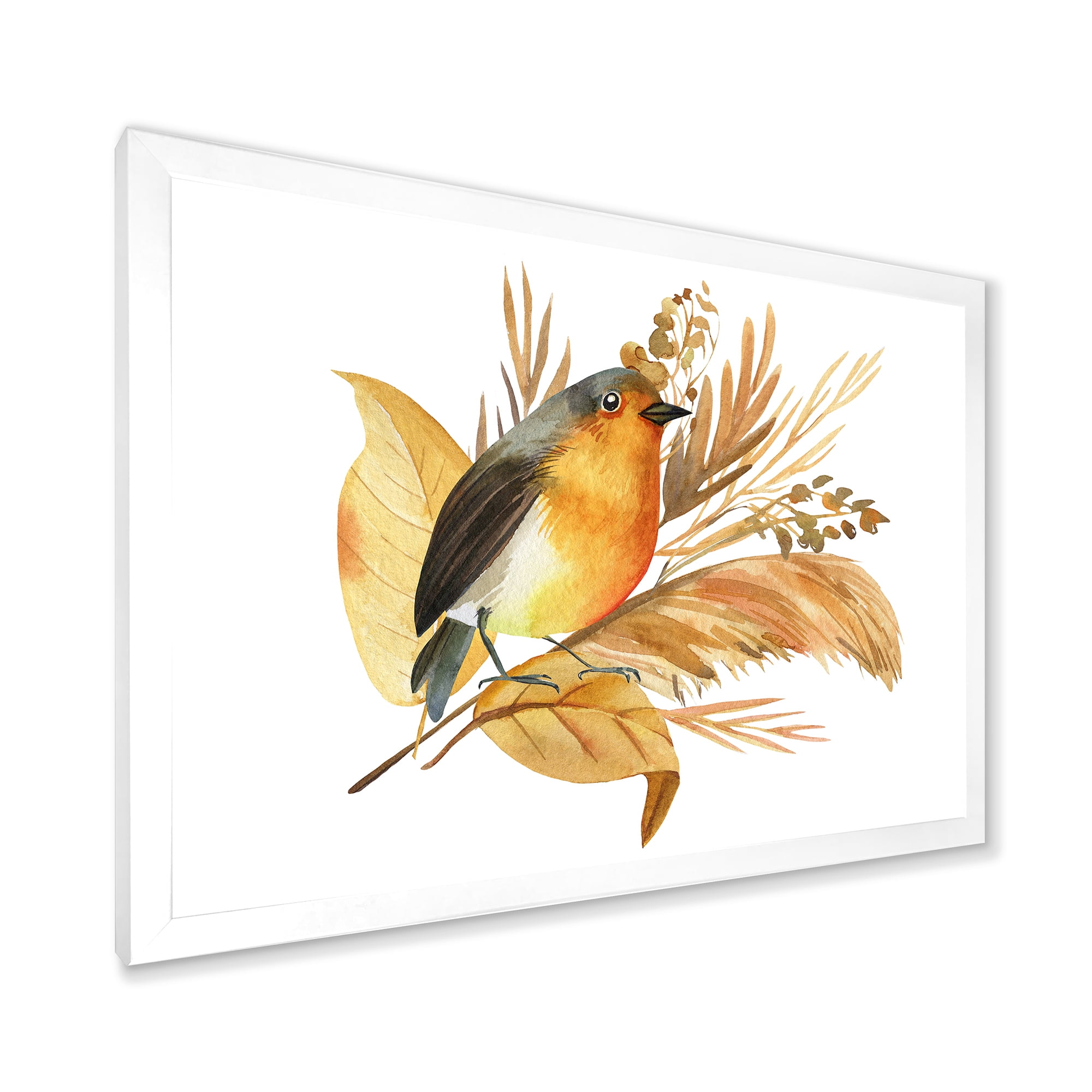Designart 'Autumn Flowers and Robin Bird' Traditional Framed Art Print