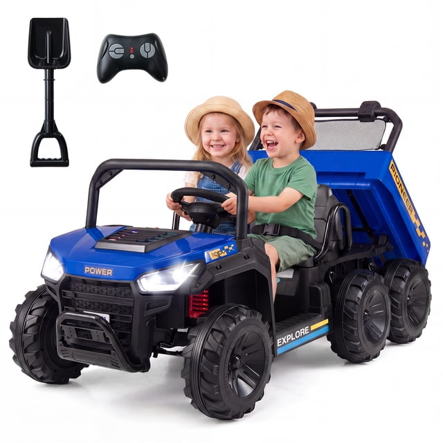 Costway 24V 2-Seater Ride on Dump Truck,4WD Kids Ride on Car with Electric Dump Bed Navy Blue