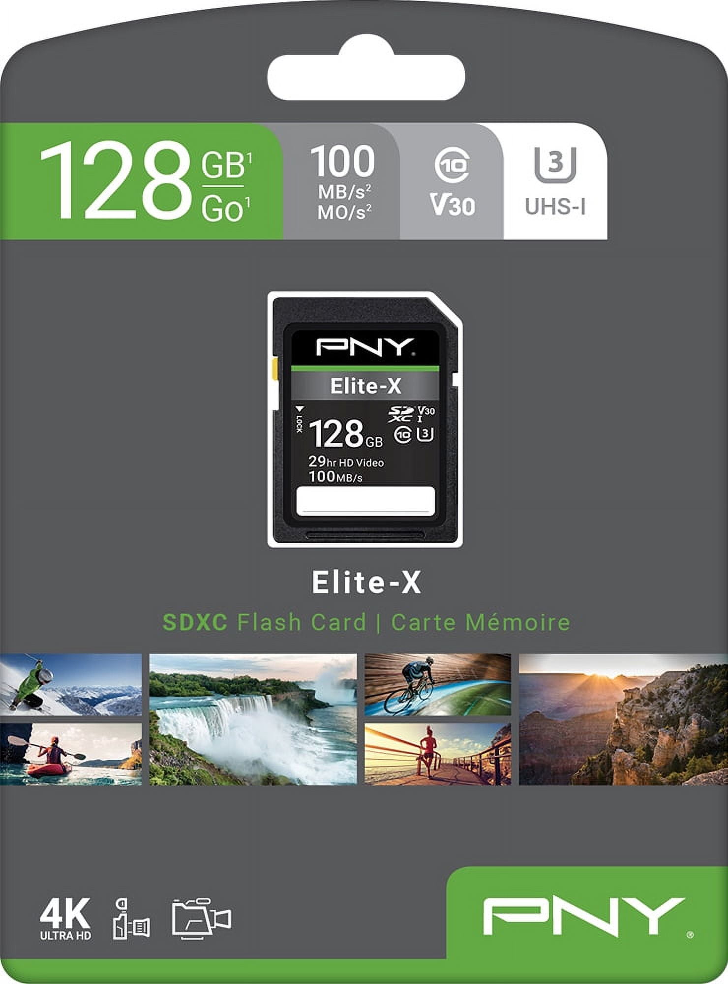 PNY 128GB Elite-X Class 10 U3 V30 SDXC Flash Memory Card - 100MB/s, Class 10, U3, V30, 4K UHD, Full HD, UHS-I, Full Size SD