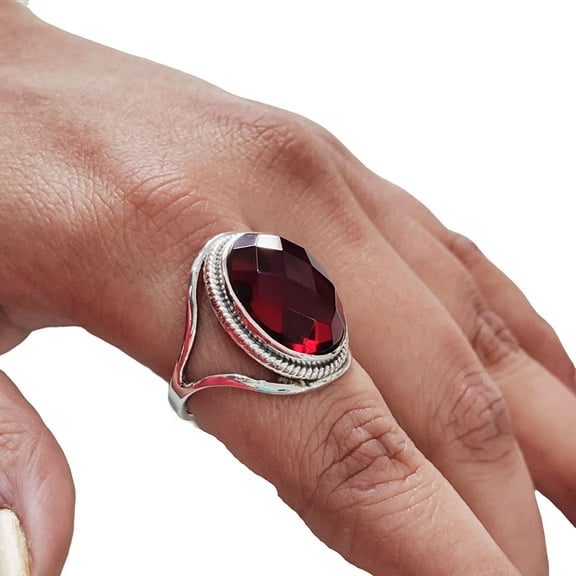 Natural Checker Garnet Ring, Women's Garnet Ring, January Birthstone, Designer Band, 925 Sterling Silver, Womens Ring, Christmas, Thanksgiving, Handmade, Statement Jewelry, Natural Gemstone Ring