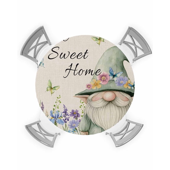 nqOlkjepod Rustic Gnome Round Tablecloth, Fitted Table Cover with Elastic for 55"-60" Round Tables, Spring Flowers Butterfly Beige Burlap Table Cloth Outdoor Dinning Party Waterproof Tablecloths