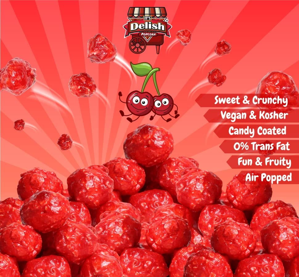 Gourmet Red Cherry Flavored Popcorn by It's Delish, 1 lb Bulk Bag  Air Popped Pop Corn Snack - Fruity Red Themed Candy Confetti  Birthday Party, Events  Gluten Free, Vegan, Kosher