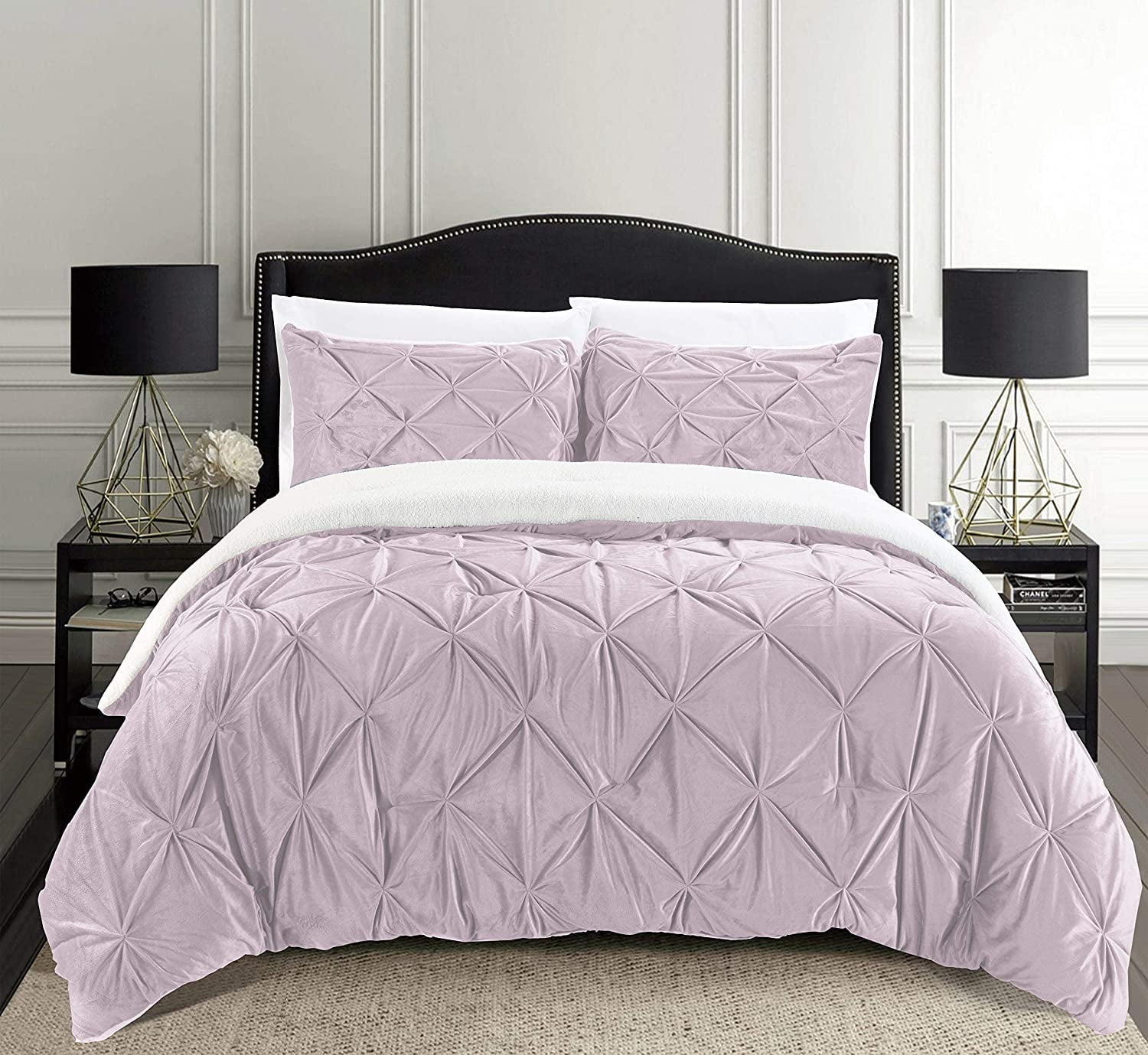 Celine Linen Micromink Pintuck & Pinch Pleated Sherpa Comforter Set, Micro-Suede 3-Piece Reversible Comforter Set, King/Cal King, Dusty Rose