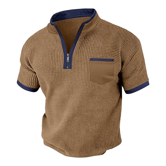 MOJOGO Men's Stand Collar Tops Casual Short Sleeve Quarter Zip Up Pullover Tops Summer Sports Shirts for Outdoor Activity Coffee S