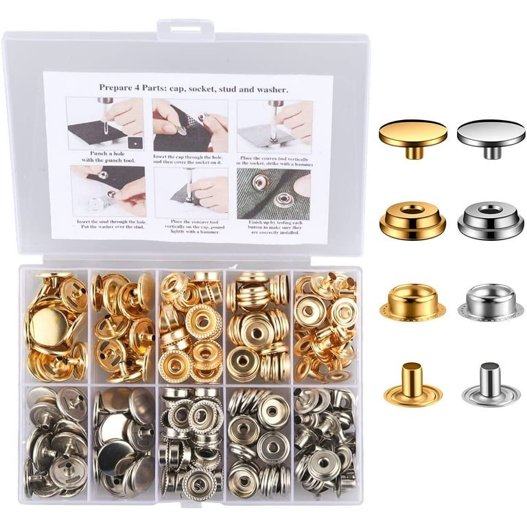  200 Pieces (50 Sets) 15MM Leather Snap and Fastener Kit 5/8  inches (15mm) Snap Button for Leather Snaps and Fasteners for Leather  Stainless Snaps for Bag, Jeans, Clothes, Fabric (Golden+Silver) 
