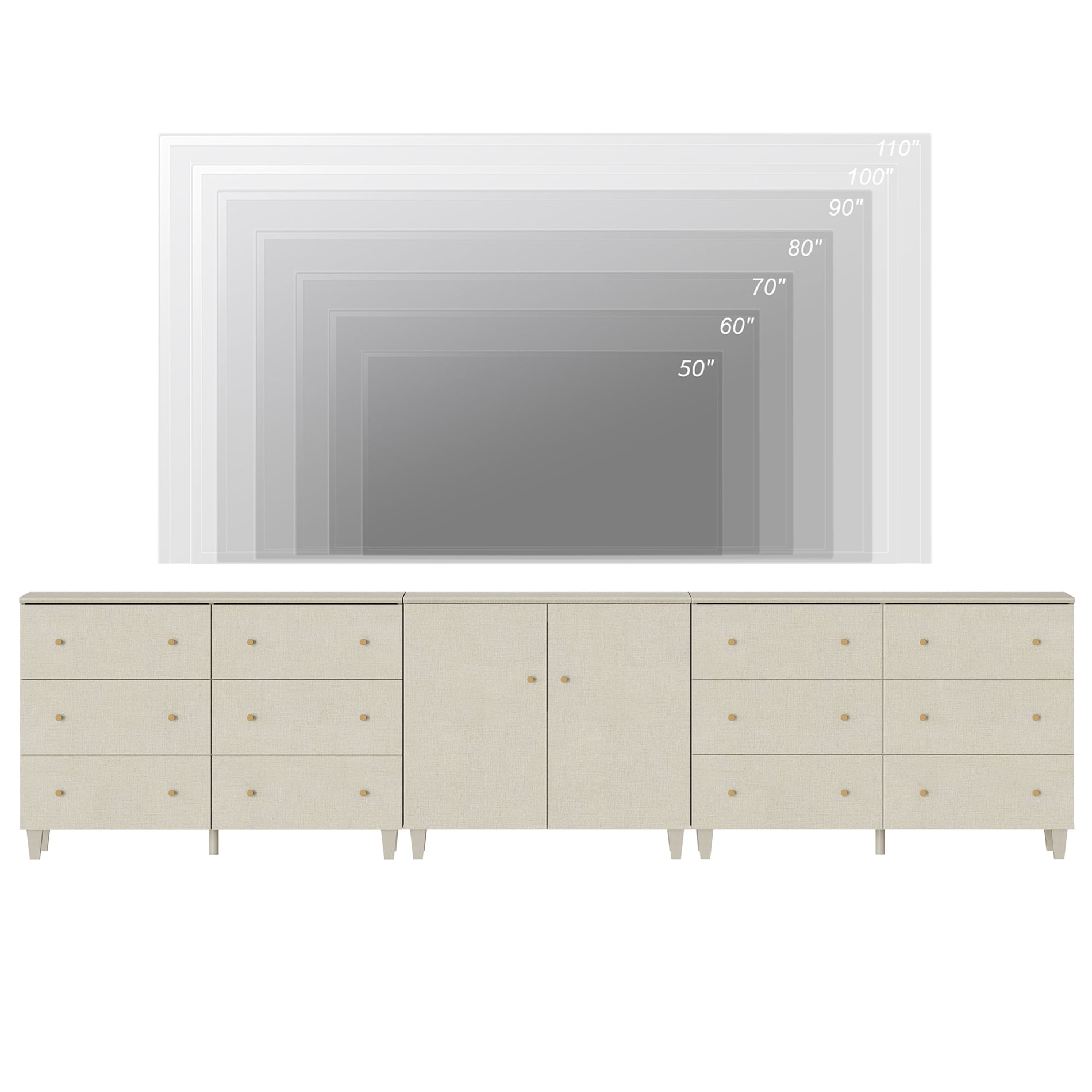 WAMPAT Wide TV Stand for 110+ Inches TVs, 3-in-1 Modern Wooden Media Console with 12 Spacious Drawers and 1 Storage Cabinet for Living Room, Beige