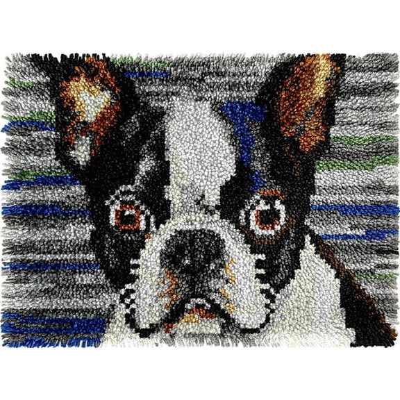 Boston Terrier Latch Hook Kits Rug DIY Cushion Tapestry Making Crochet Hook Mat Making Kits Color Preprinted Pattern Canvas DIY Carpet Needlework Crochet Kits 52x38cm (AG11-34)