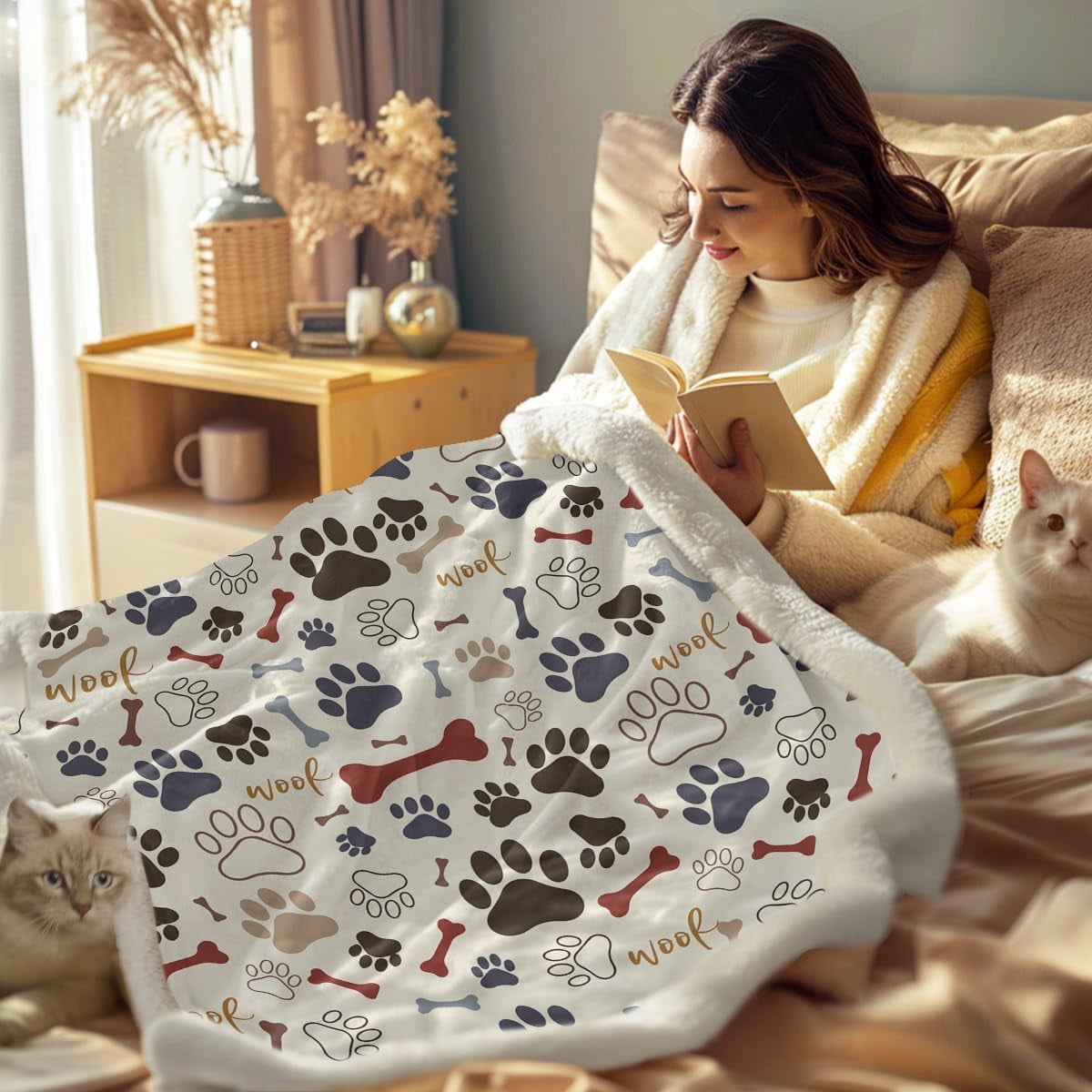 Dog Paws and Bones Print Fleece Throw Blanket for Kids Soft Plush Light Yellow Sherpa Blanket for Couch Chair, Throw (50" X 60")
