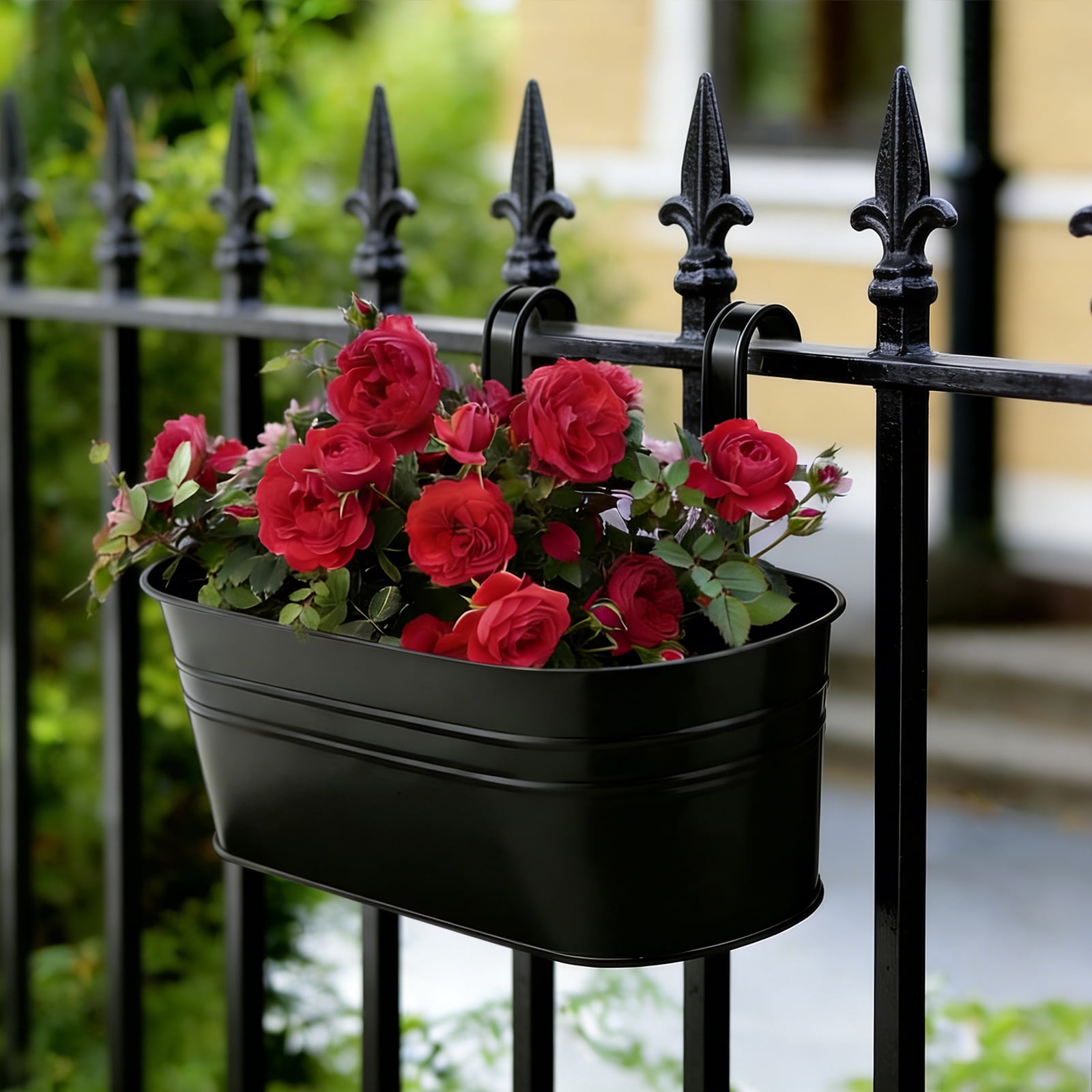 Flower Pots Metal Iron Hanging Flower Pots Garden Pots Balcony Planters Metal Bucket Flower Holder Wall Hanging Decorative Pot - Removable Hook (4 Pieces) (Black)