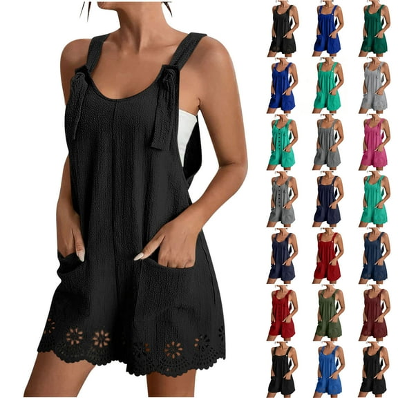 QATAINLAV Women's Short Jumpsuit Solid Color Sleeveless Suspender Bib Overalls Loose Comfy Wide Leg Romper Button Onesie Shorts Blue XXL Ofertas de Hoy en Liquidación