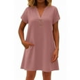 thumbnail image 2 of Summer Dress, Linen Casual V Neck Button Front Short Sleeve Loose Fit Sundress Midi Beach Party Ladies Dress Pants Wedding Guest For Women Plus Size Cute Dresses Maxi Dresses (XXL, Pink) ZMTing, 2 of 4