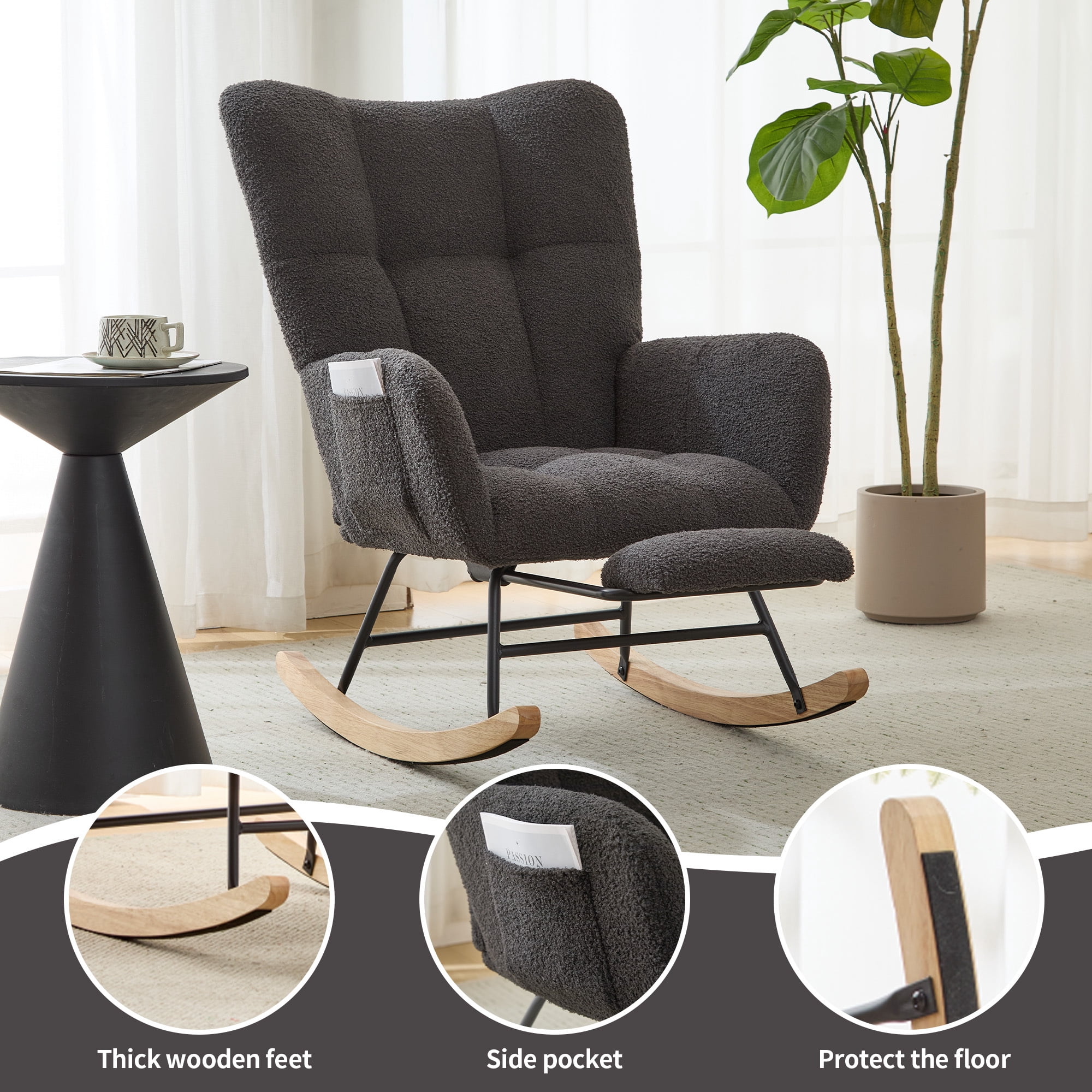 Leumius Nursery Rocking Chair with Footrest,Teddy Fabric Upholstered Glider Rocker Chair with High Backrest,Side Storage Pocket & Solid Wood Legs,Comfy Accent Chair for Living Room Bedroom,Gray
