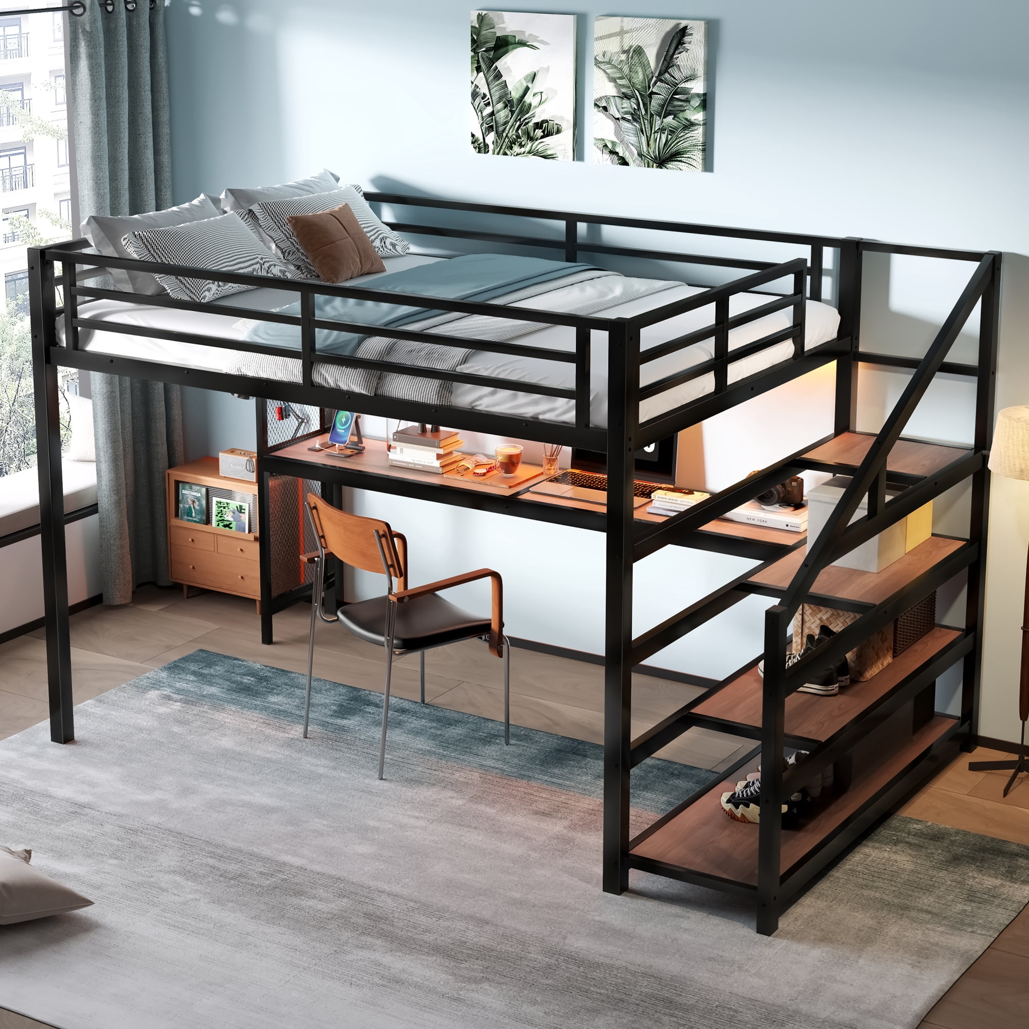 Mintazer Queen Loft Bed with LED Light & Desk and Charging Ports, Metal Loft Bed with Storage Shelves Stairs for Bedroom Playroom Game Room, Black
