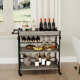 thumbnail image 1 of 3-Tier Metal Rolling Bar Cart with Wine Rack and Removable Tray, Gray Serving Cart for Kitchen, Dining Room and Living Room, 1 of 6
