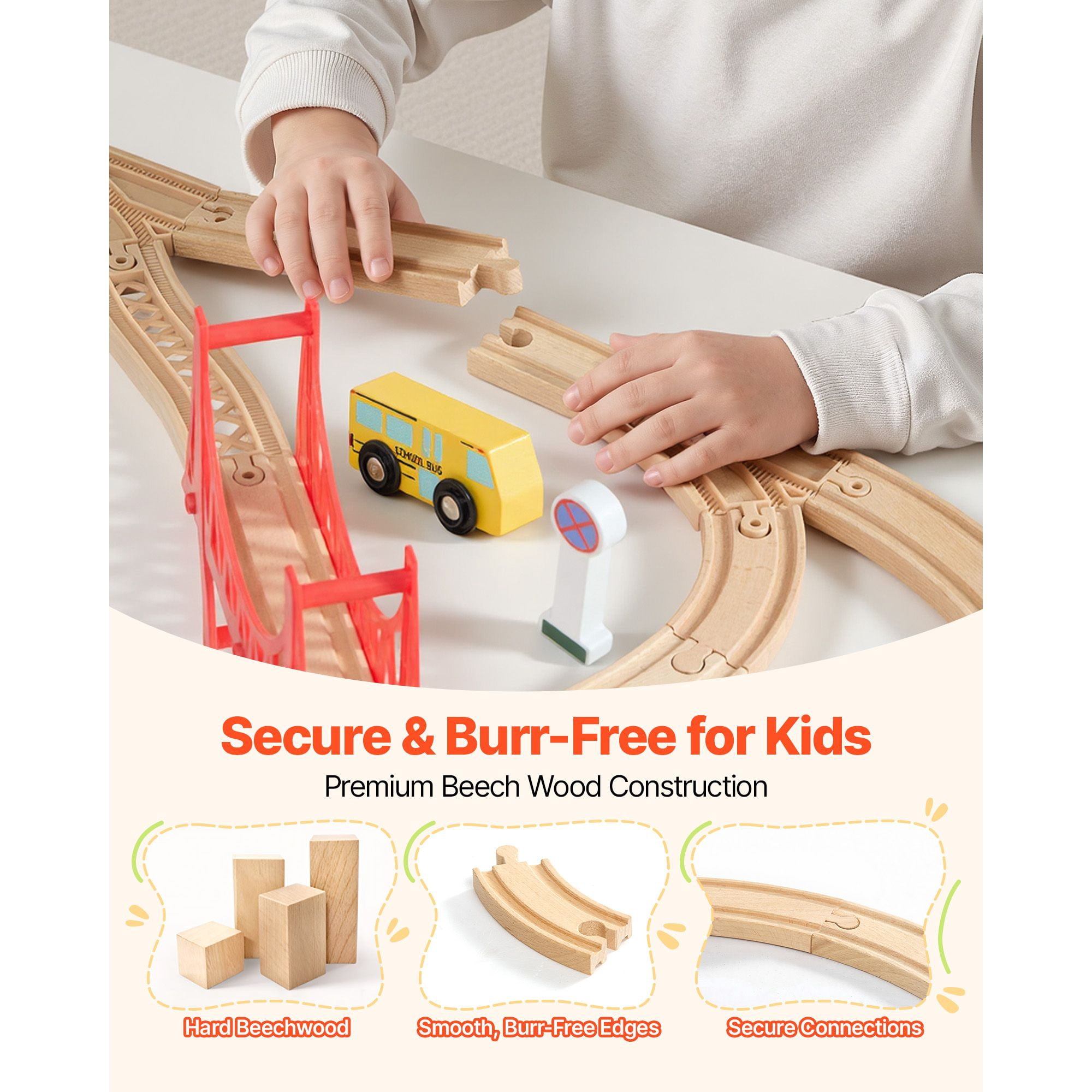 113PCS Wooden Train Set, for Kids Ages 3-8, Wood Train Track Toy with Storage Box, City Scene Railway Playset, Compatible with Major Brands, Christmas Birthday Toy for Toddlers Boys and Girls
